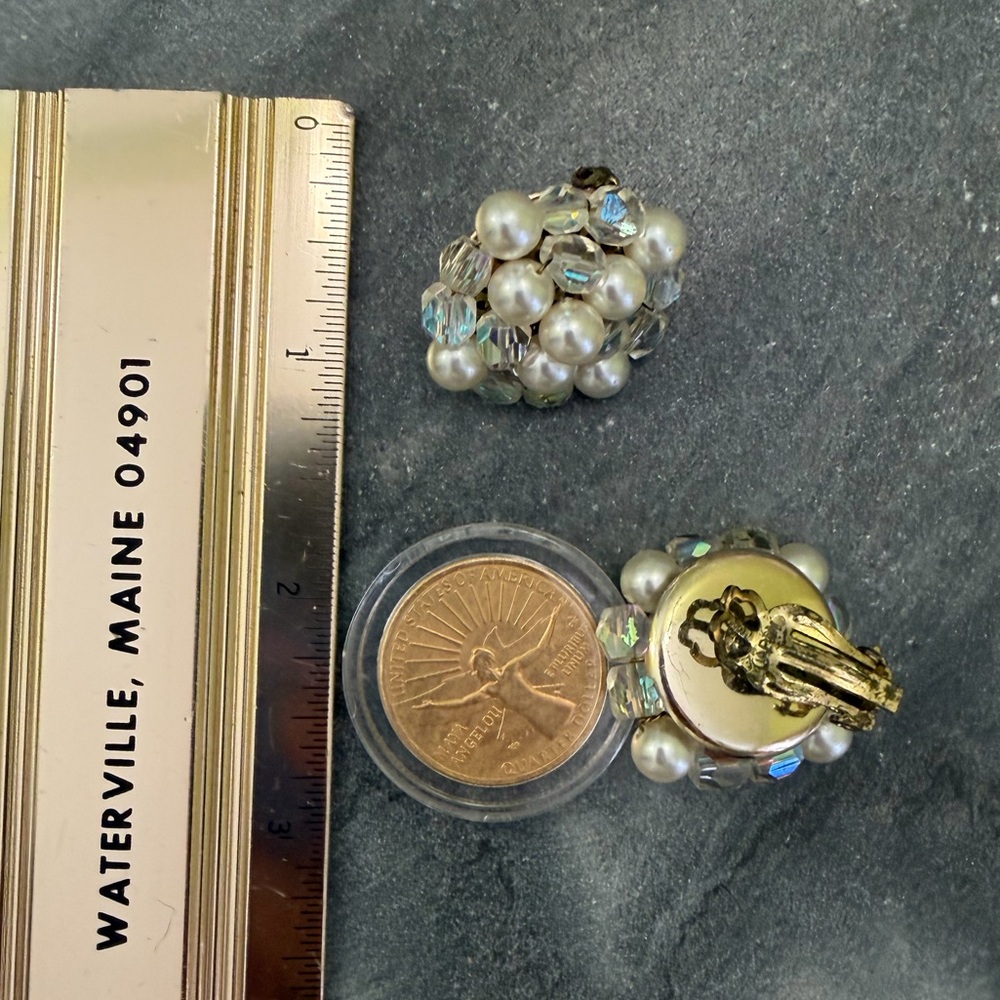 Vintage Pearl Iridescent Crystal Clip On Japan Earrings - Picture 4 of 7